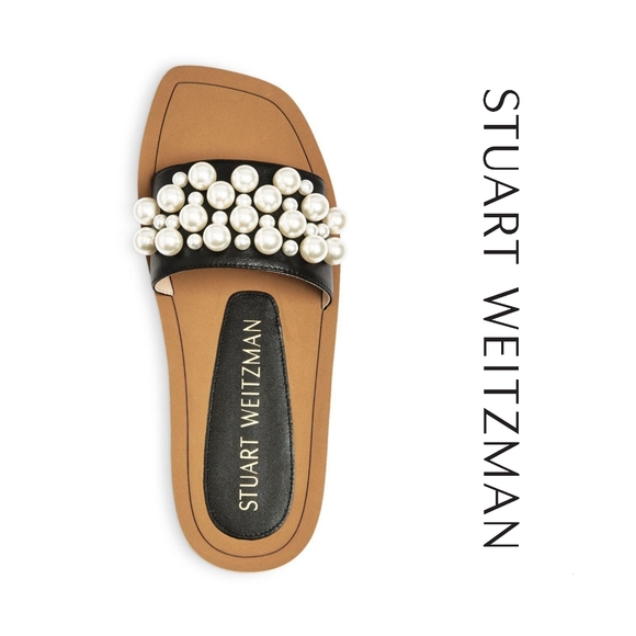 Stuart Weitzman Goldie Faux Pearl-Studded Leather Slides Size 9 Authentic - Picture 3 of 8